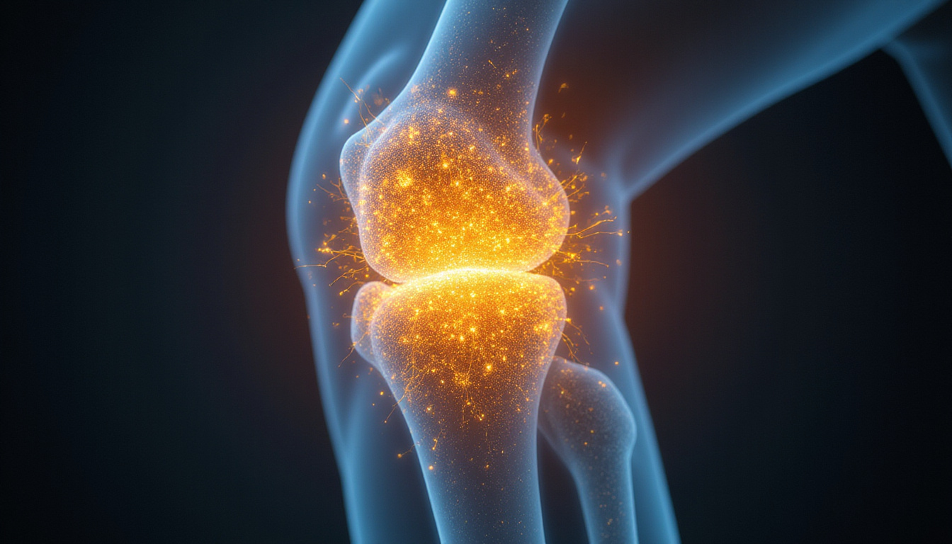  Human knee X-ray overlaid with golden boswellia resin threads, breakthrough scientific light