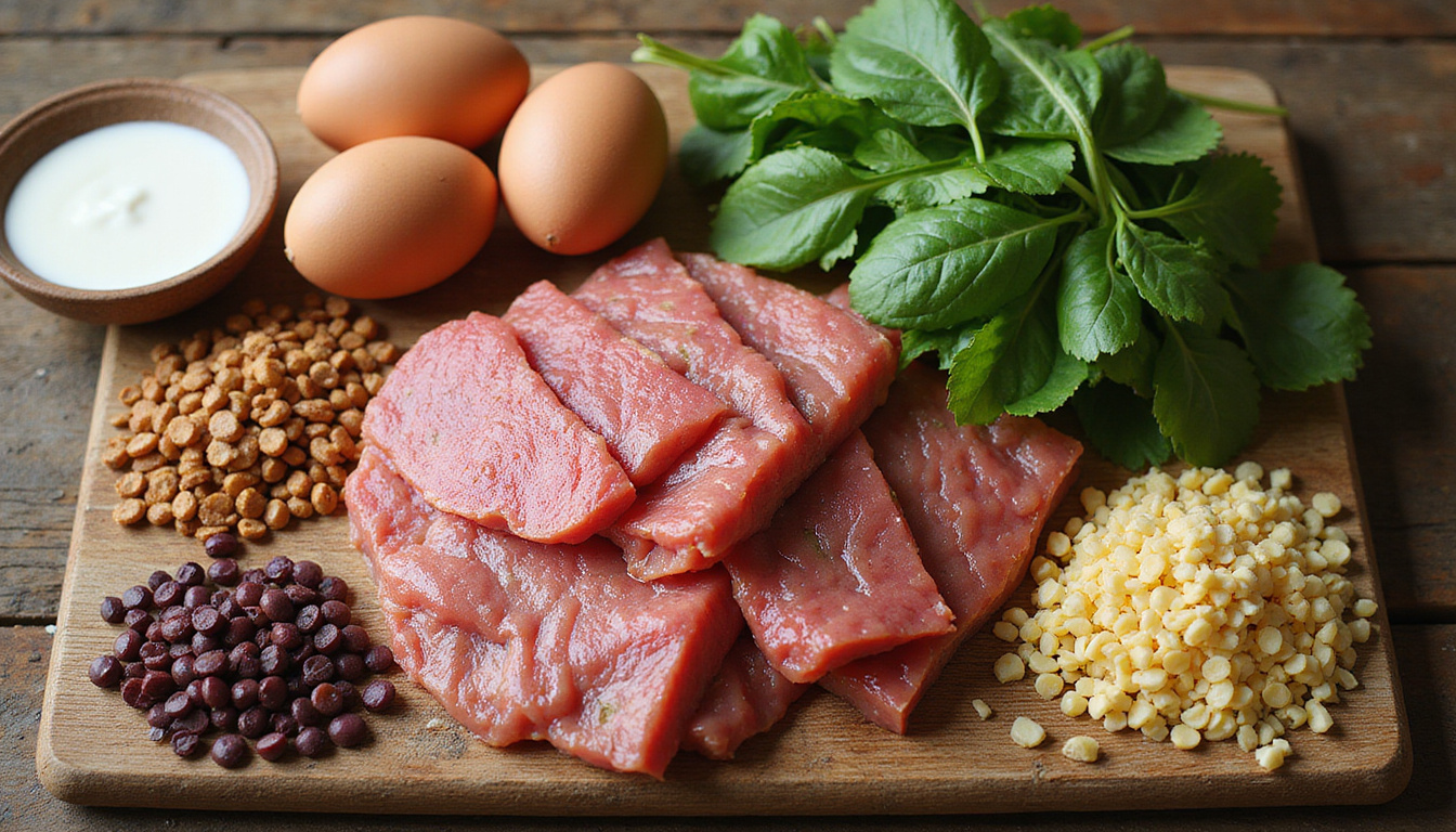  Top natural sources: meat, eggs, dairy, legumes, spinach arranged on rustic wooden table