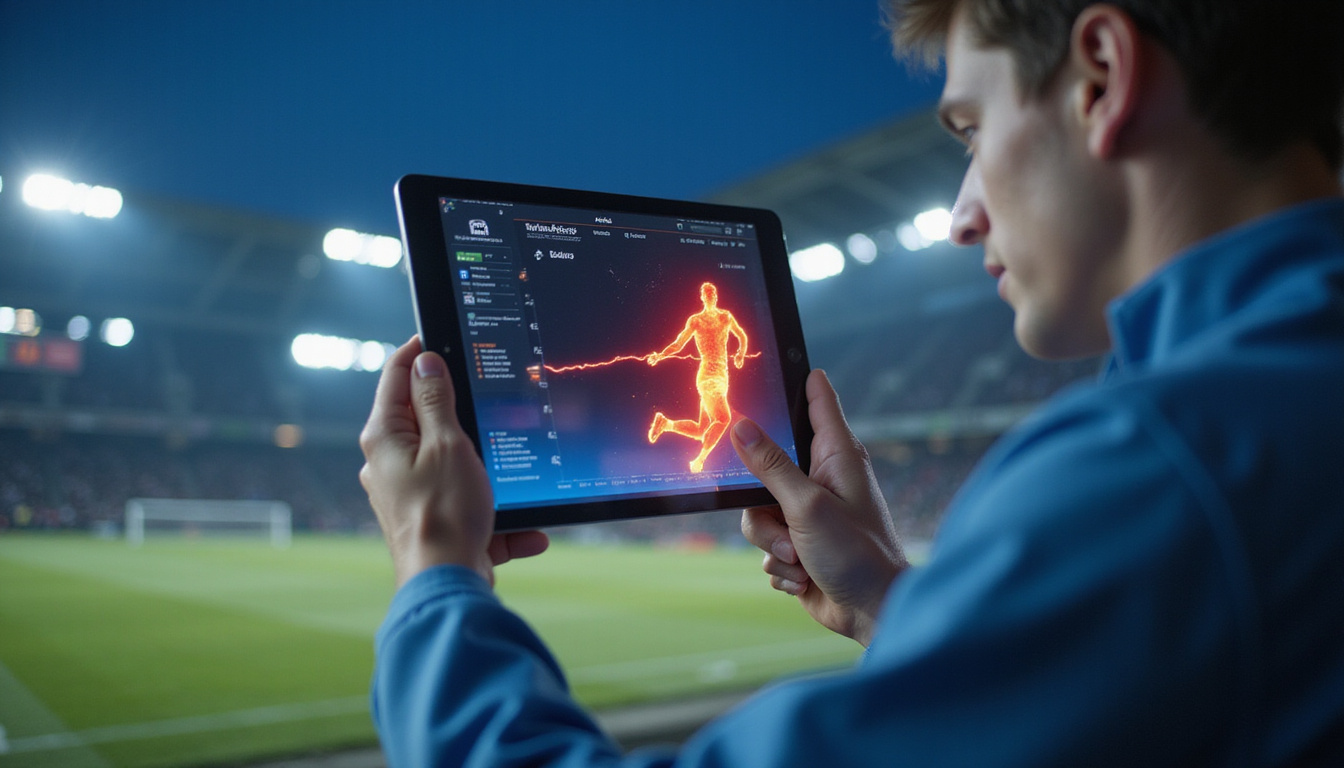 Sports scientist analyzing athlete on tablet, glowing heatmap shows instability, dynamic stadium backdrop