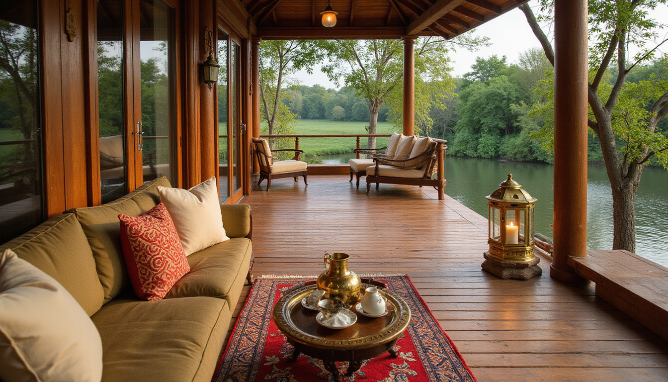 Opulent teak-deck veranda with plush cushions, brass lanterns, Egyptian tea tray, serene river