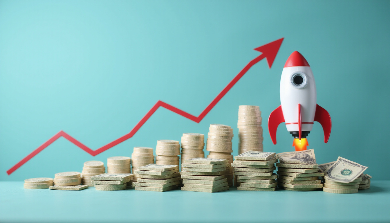 Assembly line transforming small products into stacks of cash, ascending rocket chart backdrop