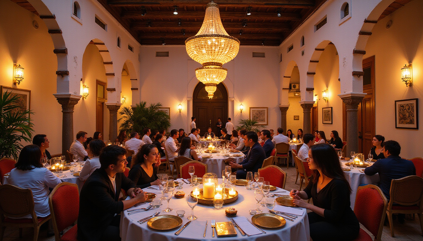 Modern conference in converted Cairo caravanserai courtyard, lantern light, Egyptian motifs, collaborative energy