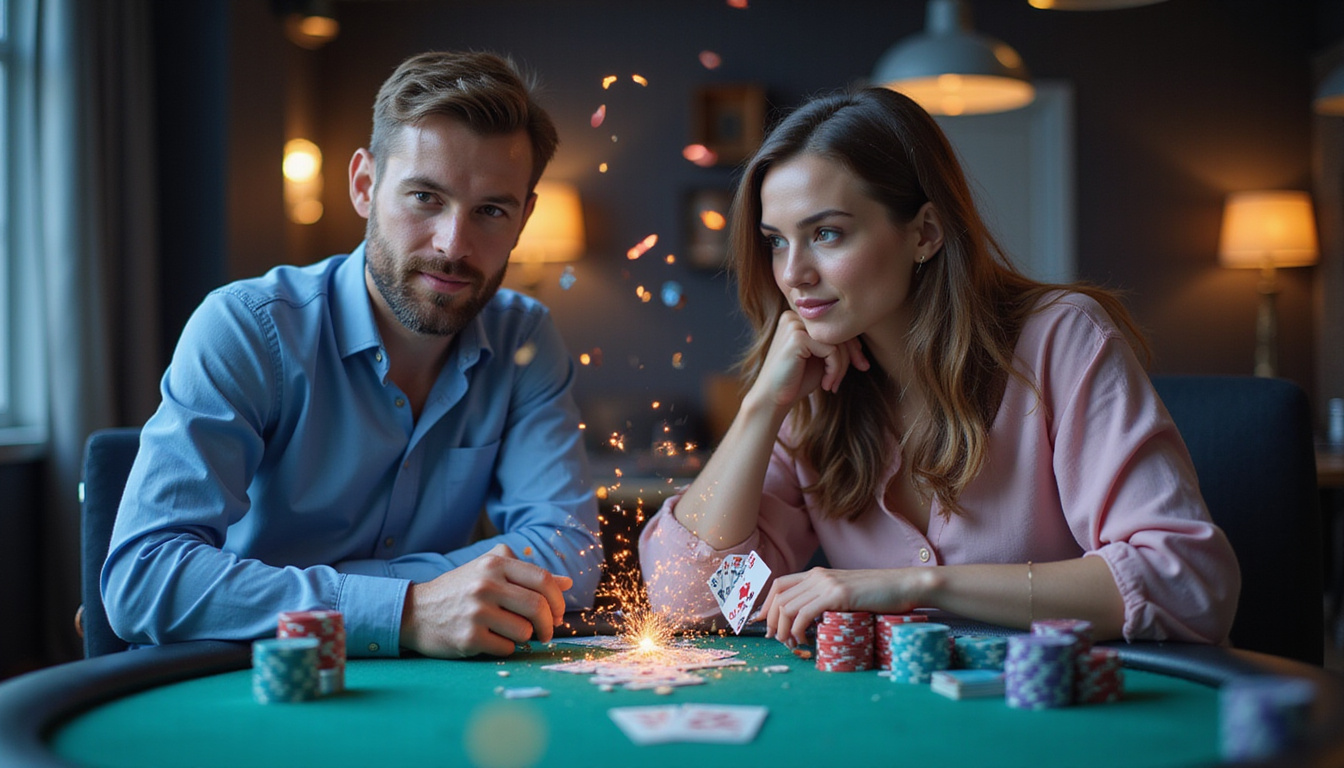 Focused player planning at poker table, glowing strategy cards icons, fast-paced energy, triumphant confetti