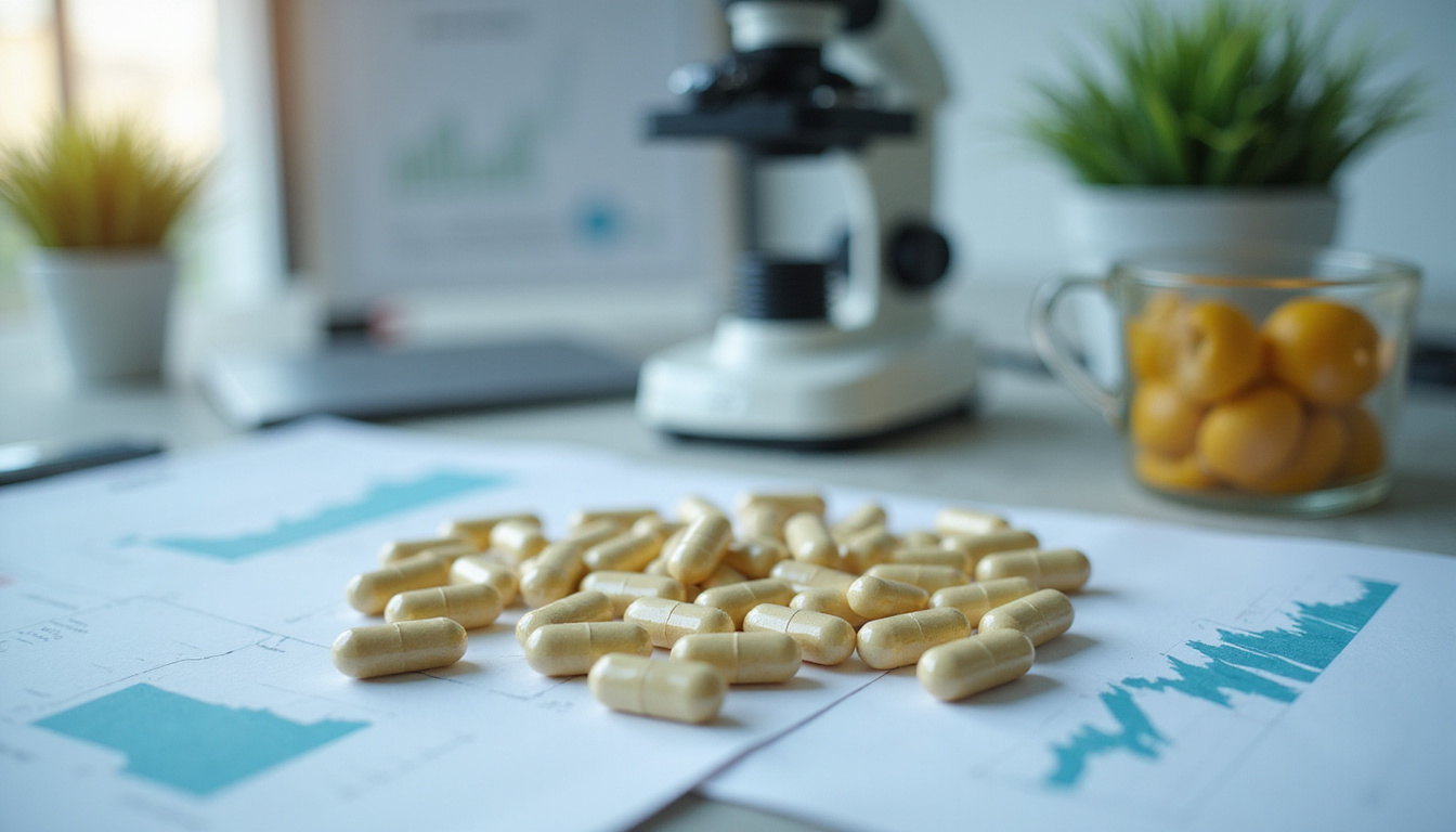 Close-up ginkgo capsules spilling onto research papers, microscope, clinical data graphs, sterile laboratory lighting