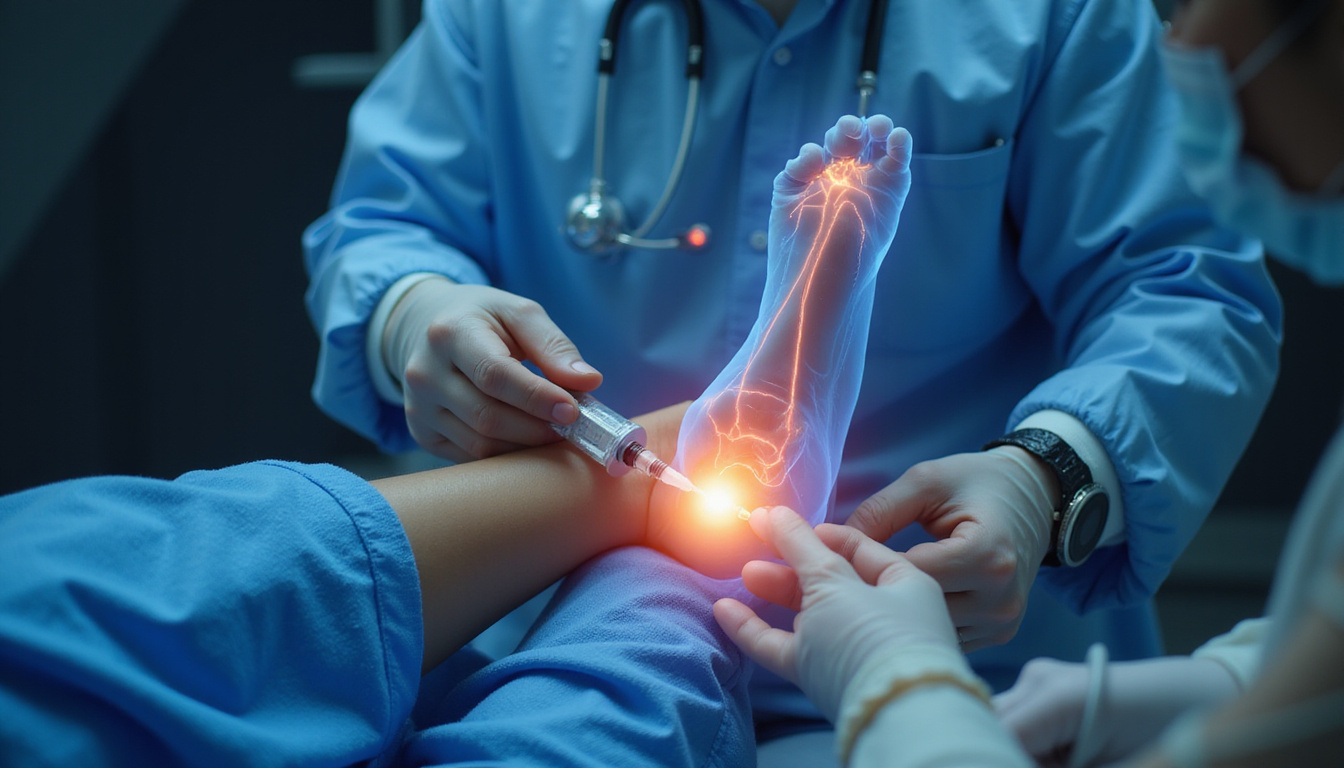  Futuristic surgeon placing targeted subchondral injection, holographic pain map, hopeful patient expression