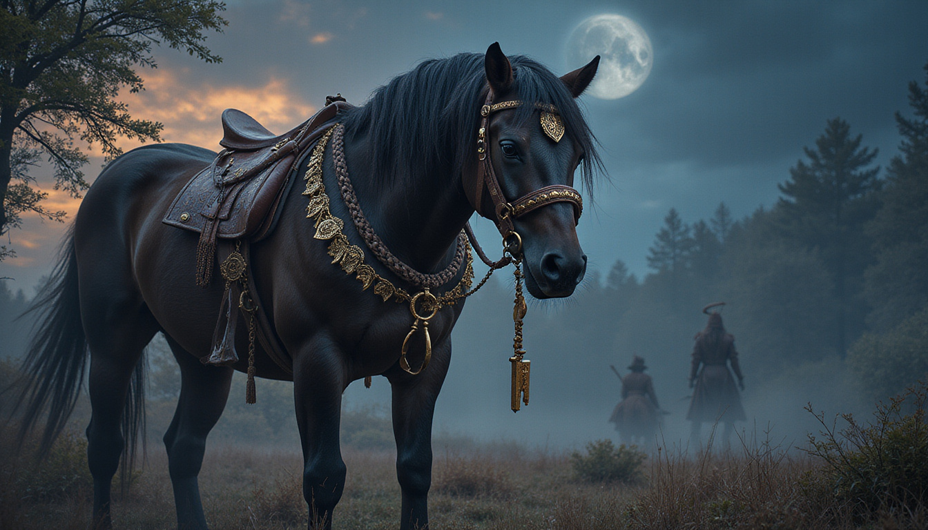  Ancient stallion with braided mane, mythic symbols, golden key hanging, twilight battlefield