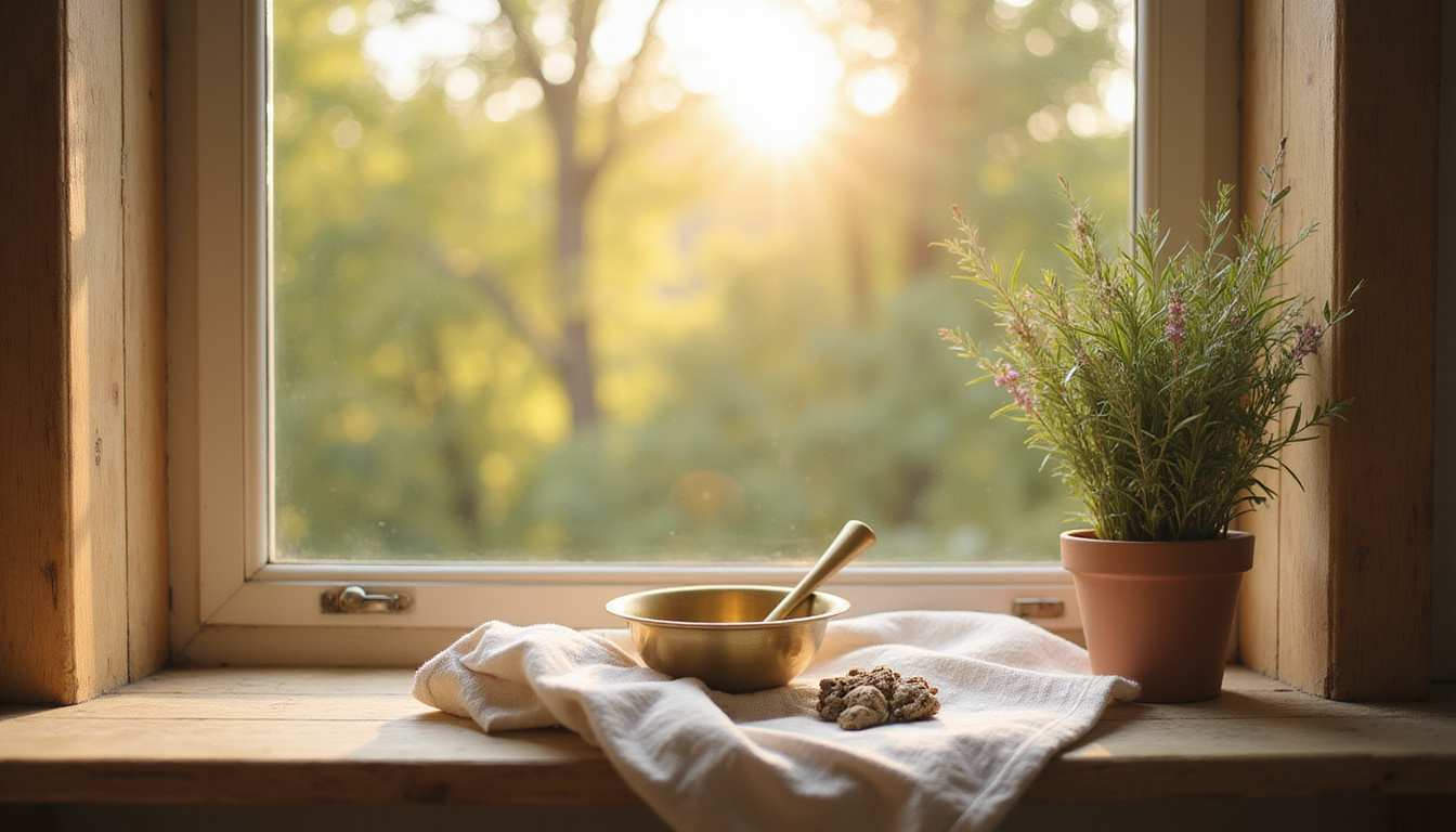 Morning sunlit windowsill sacred nook, linen cloth, brass bowl, sage bundle, peaceful atmosphere