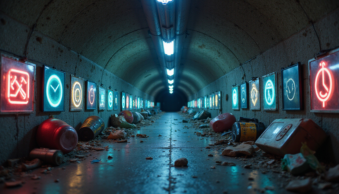 Underground subway tunnel with glowing symbols, abandoned toys, investigative detective flashlight, high-contrast realism