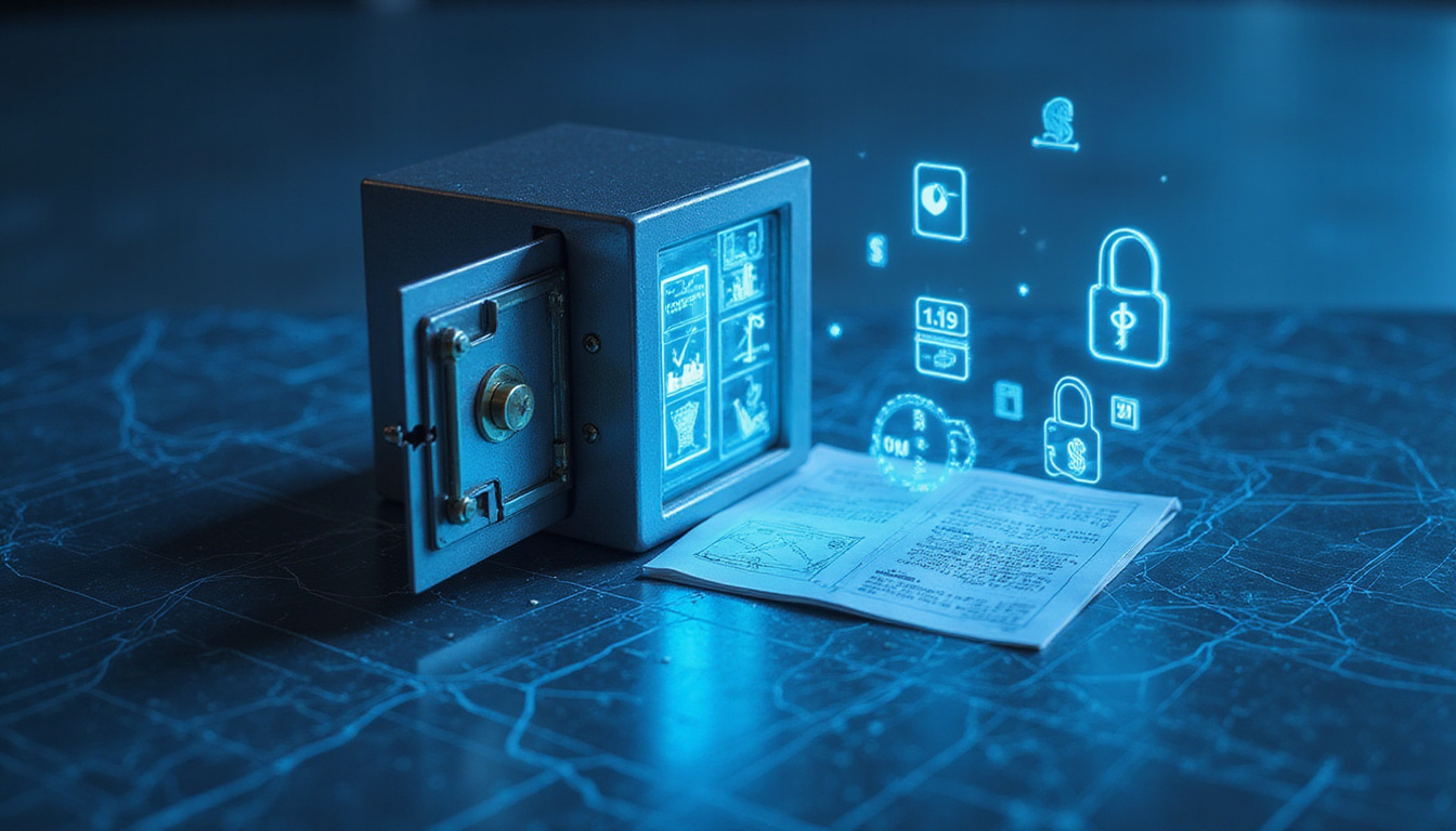  Secret vault containing glowing medical icons, dollar symbols, blueprint documents, high-detail isometric composition