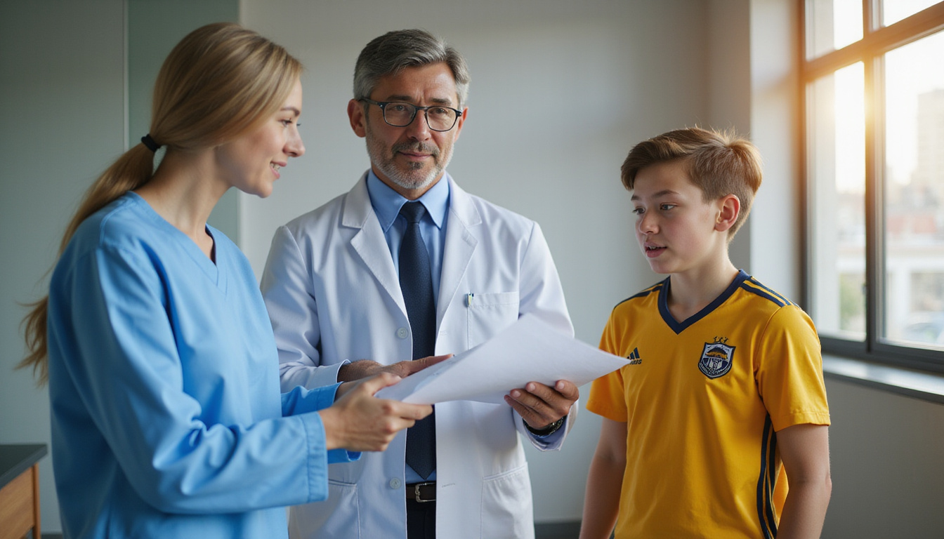 Orthopedic specialist discussing spondylolysis treatment with young soccer player, dynamic sports return montage