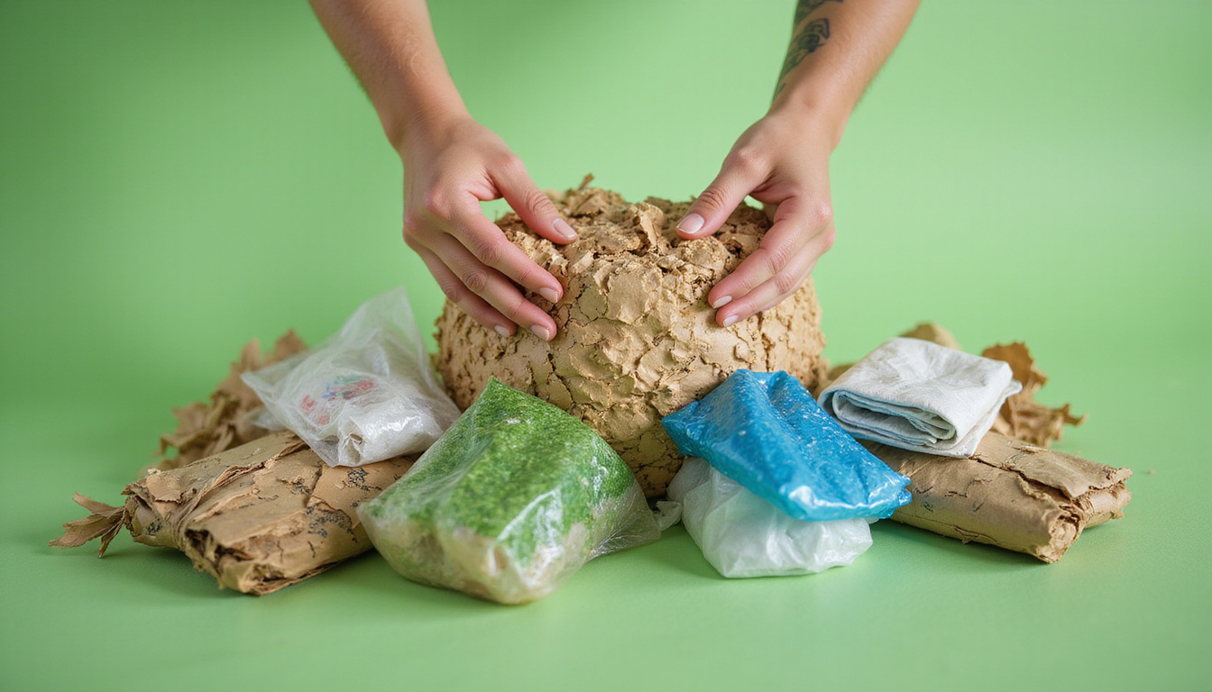  Close-up hands compacting cardboard and plastics into bales, cost-saving infographic overlays, green tones