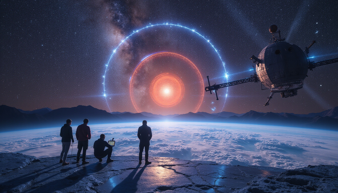  Astronomers analyzing transit data on holographic displays, giant space telescope above Earth