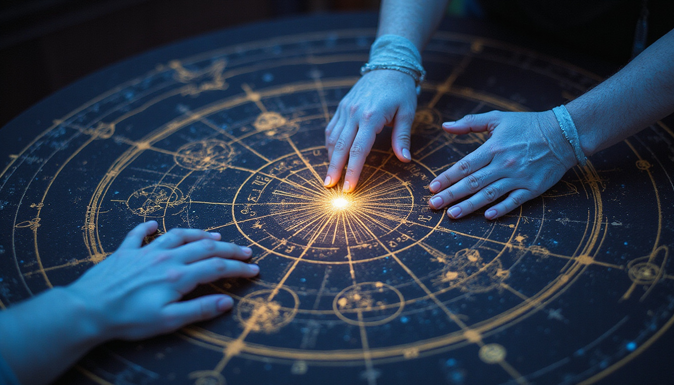 Beginner studying illuminated star map, ethereal hands tracing planetary lines, destiny light revealing symbols