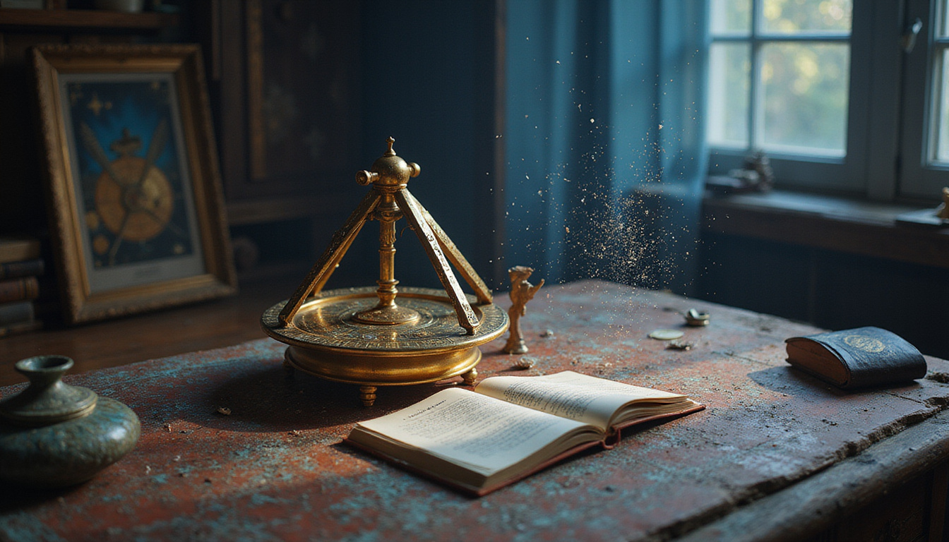  Mystic astrologer’s desk with astrolabe, cosmic constellations forming instant answers, dust motes