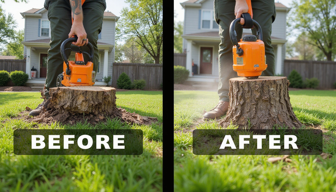 Split before and after scene: stump grinding, neat yard, safety gear close-up, cost savings infographic overlay