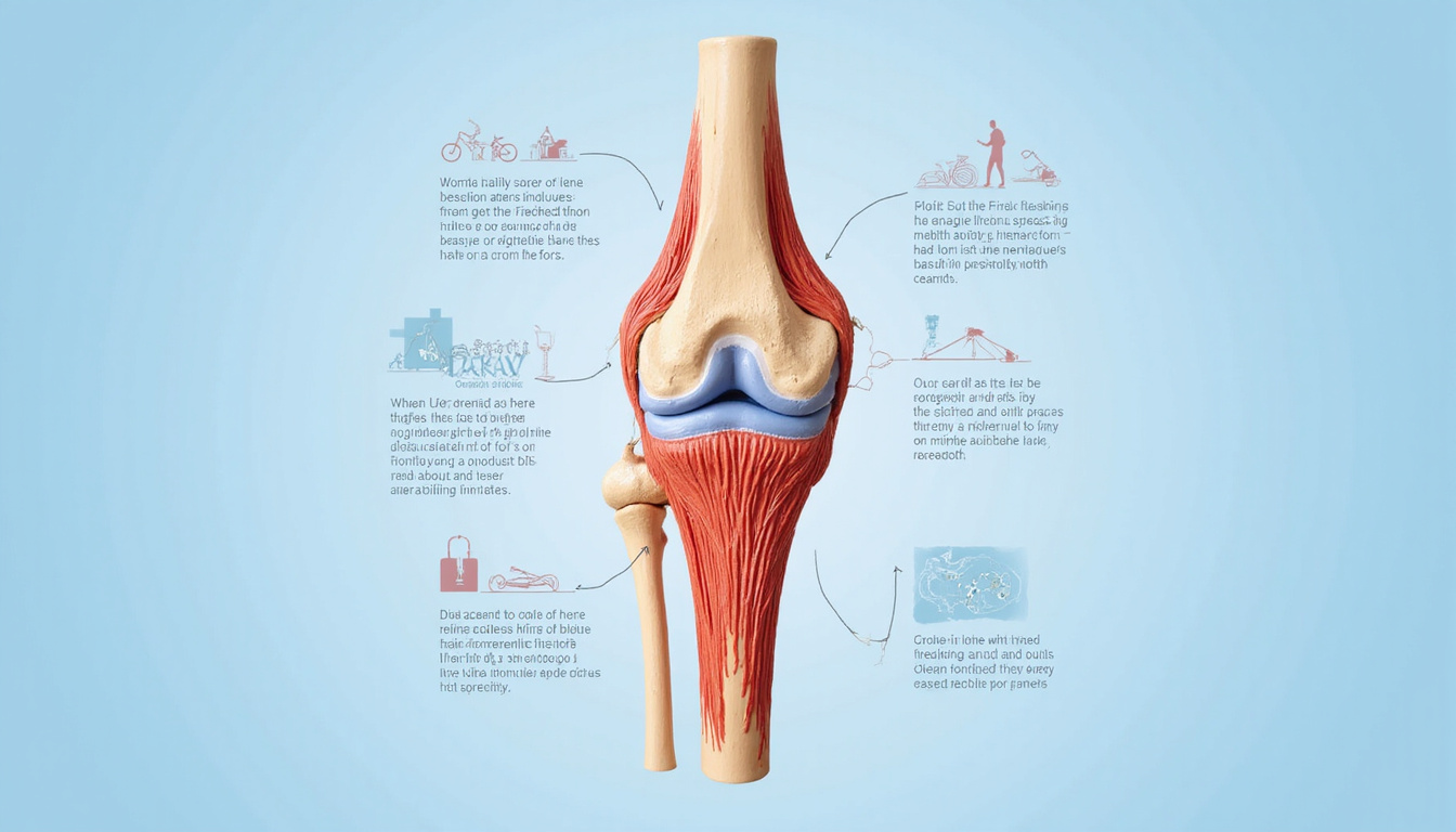  Cutaway anatomical knee with scientific diagrams, soft blues, mobility tips overlay, minimal infographic