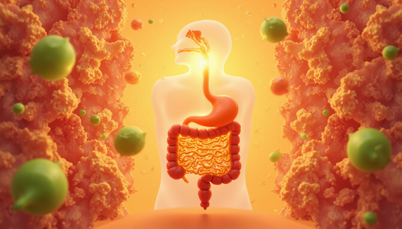  Vibrant digestive tract illustration with bromelain and papain molecules repairing tissue, soothing golden light