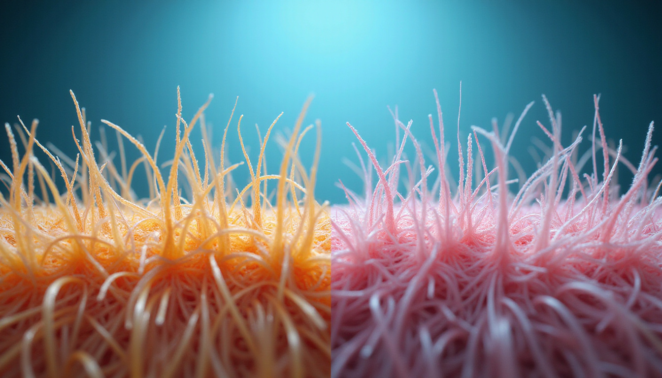  Macro split-view of hair follicles under microscope, healthy versus damaged strands, informational infographic style