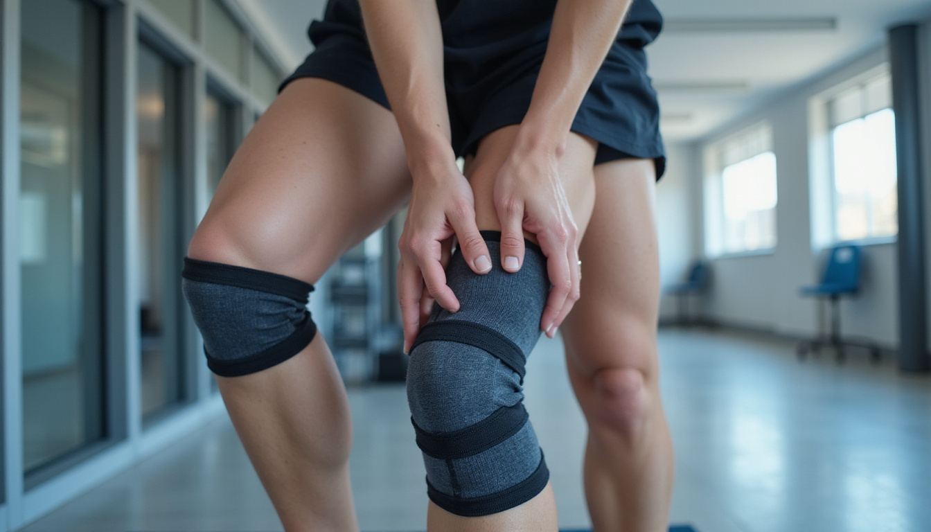 Close-up of targeted knee exercises, hands adjusting brace, motion blur, clinical clean aesthetic