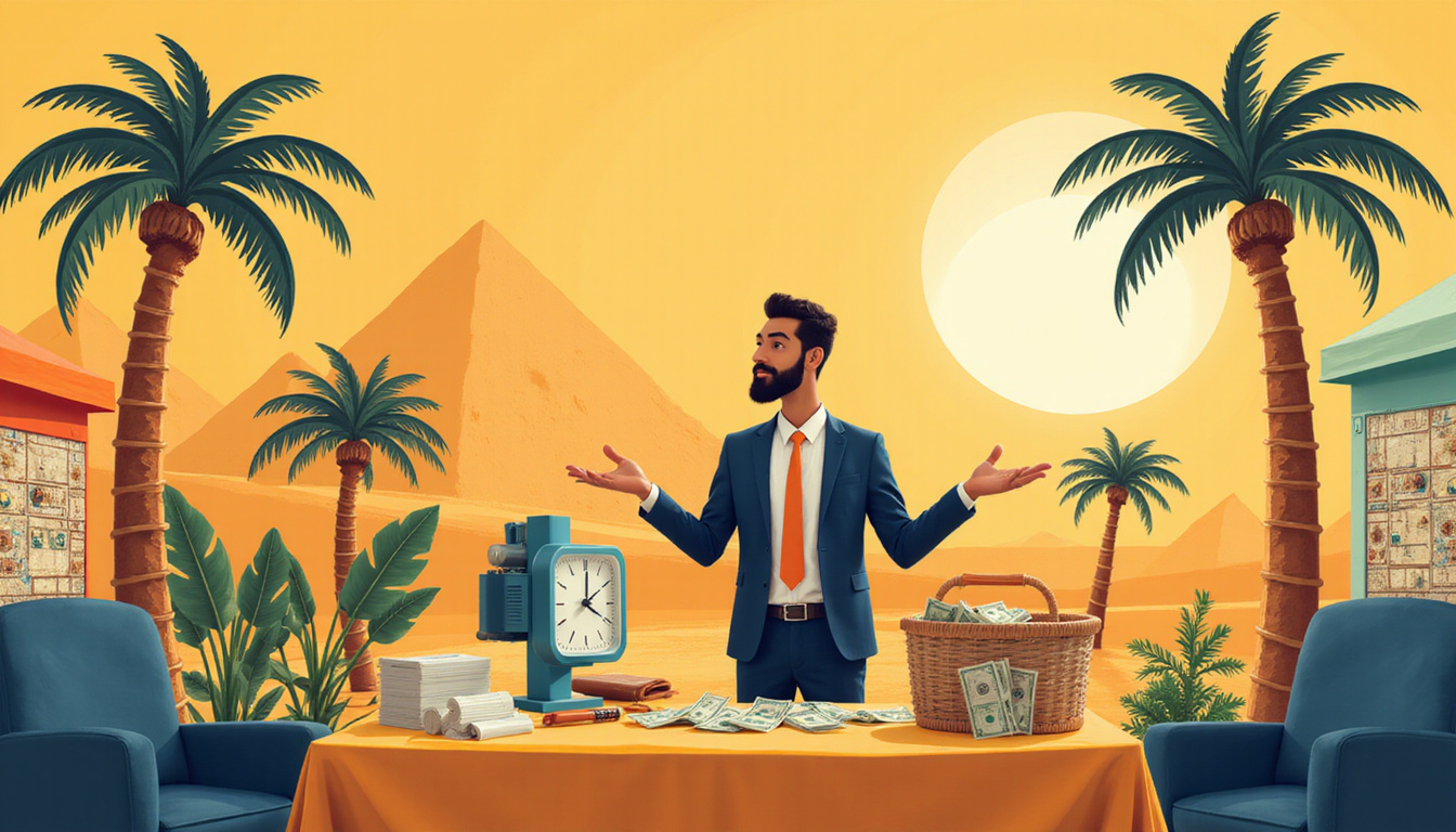  Businessperson selling timeshare near Cairo market, cash exchange, palm trees, hieroglyphic motifs