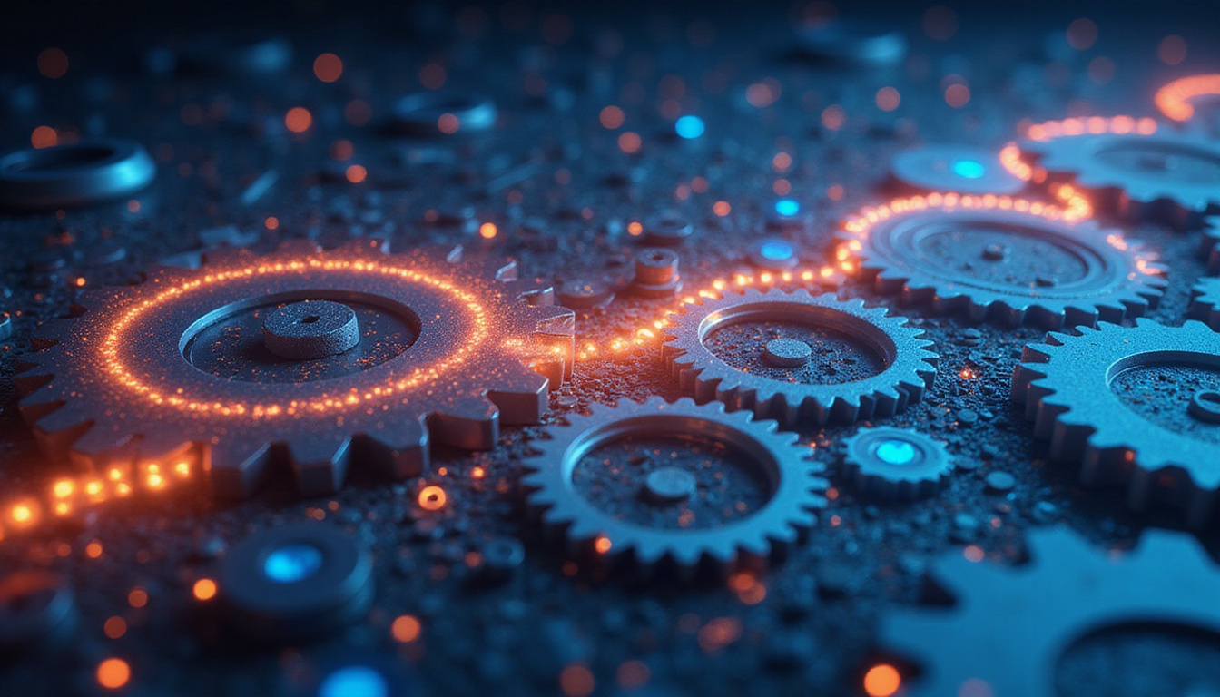 Streamlined gears and data pipelines transforming messy inputs into efficiency wins, sleek corporate style