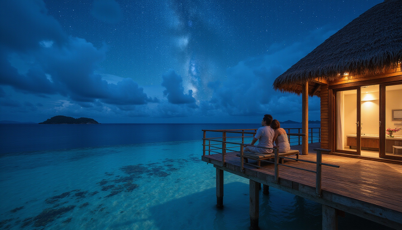  Overwater villa balcony, pair embracing under starlit sky, distant coral reef silhouette