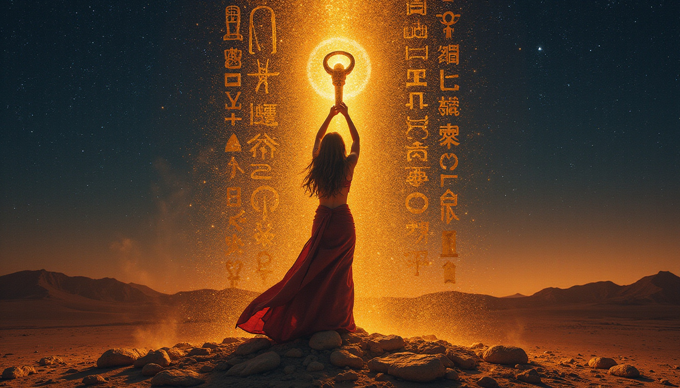 Ancient priestess raises carved ankh, golden light revealing secret runes, desert night aura