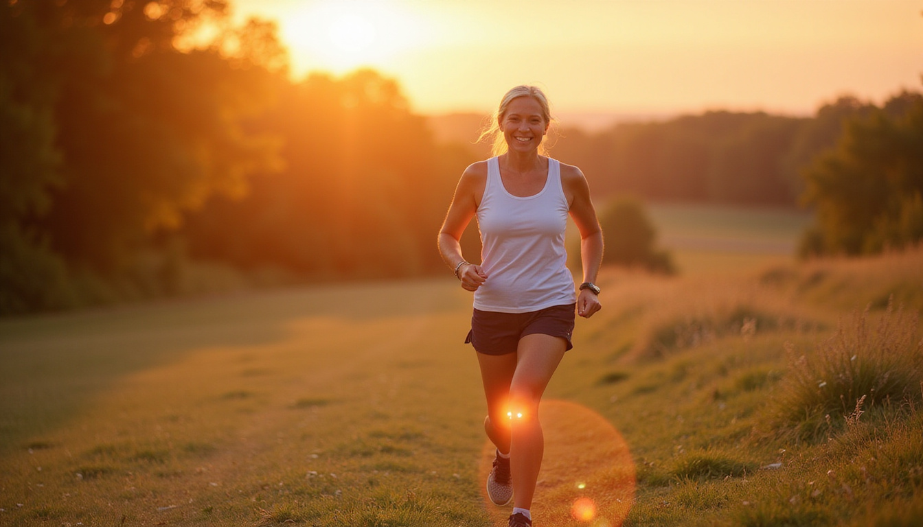  Smiling middle-aged woman walking pain-free outdoors, glowing knee highlighted, sunrise, optimistic recovery