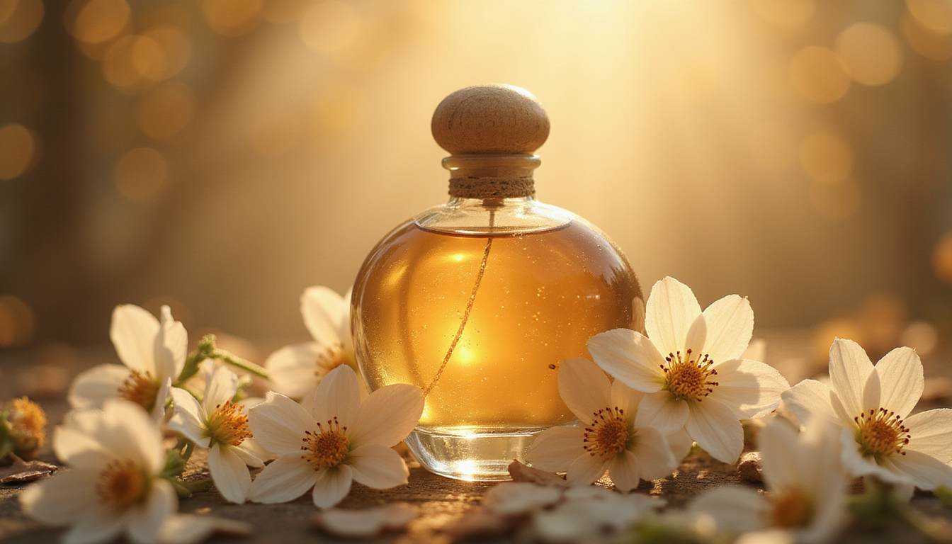 Vintage perfume bottle amid jasmine blossoms, memory-like bokeh, warm amber tones, evocative nostalgia