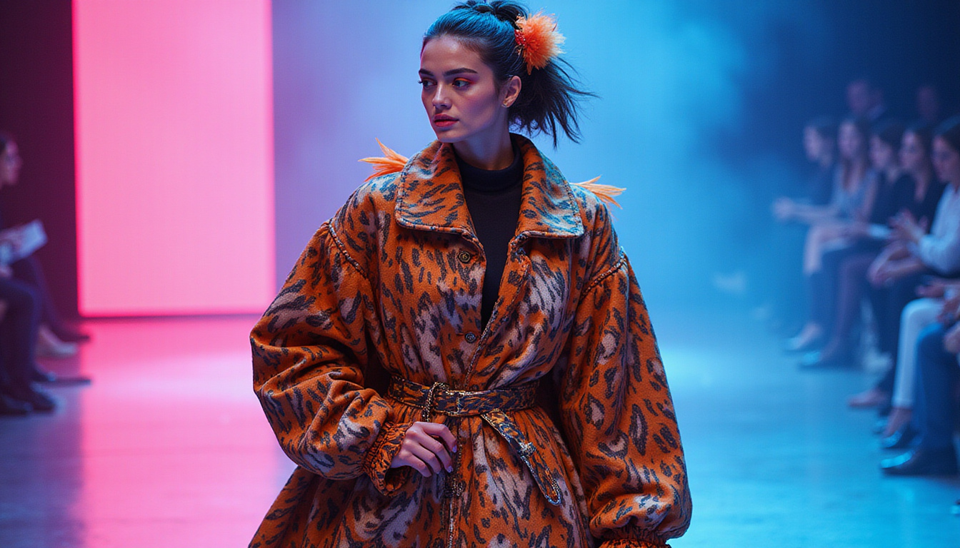 Avant-garde runway model wearing tiger-patterned silk coat, feathered accessories, neon makeup