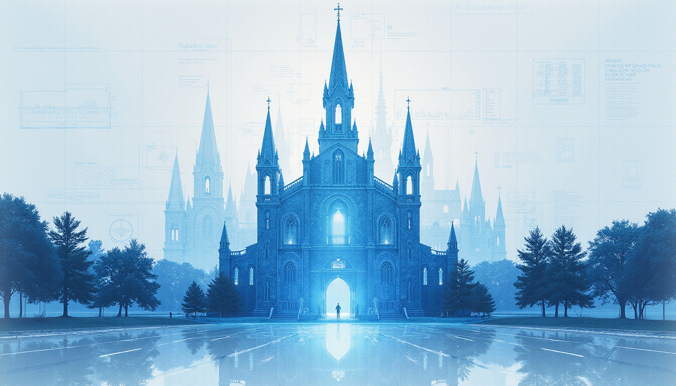  Blueprint overlay of tabernacle design merging with modern church silhouettes, ethereal symbolism