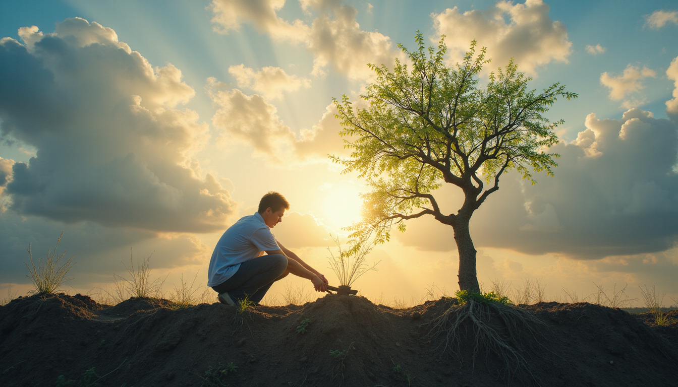 Person cutting glowing wishful-thinking vines, planting concrete roots, sunlight breaking through clouds