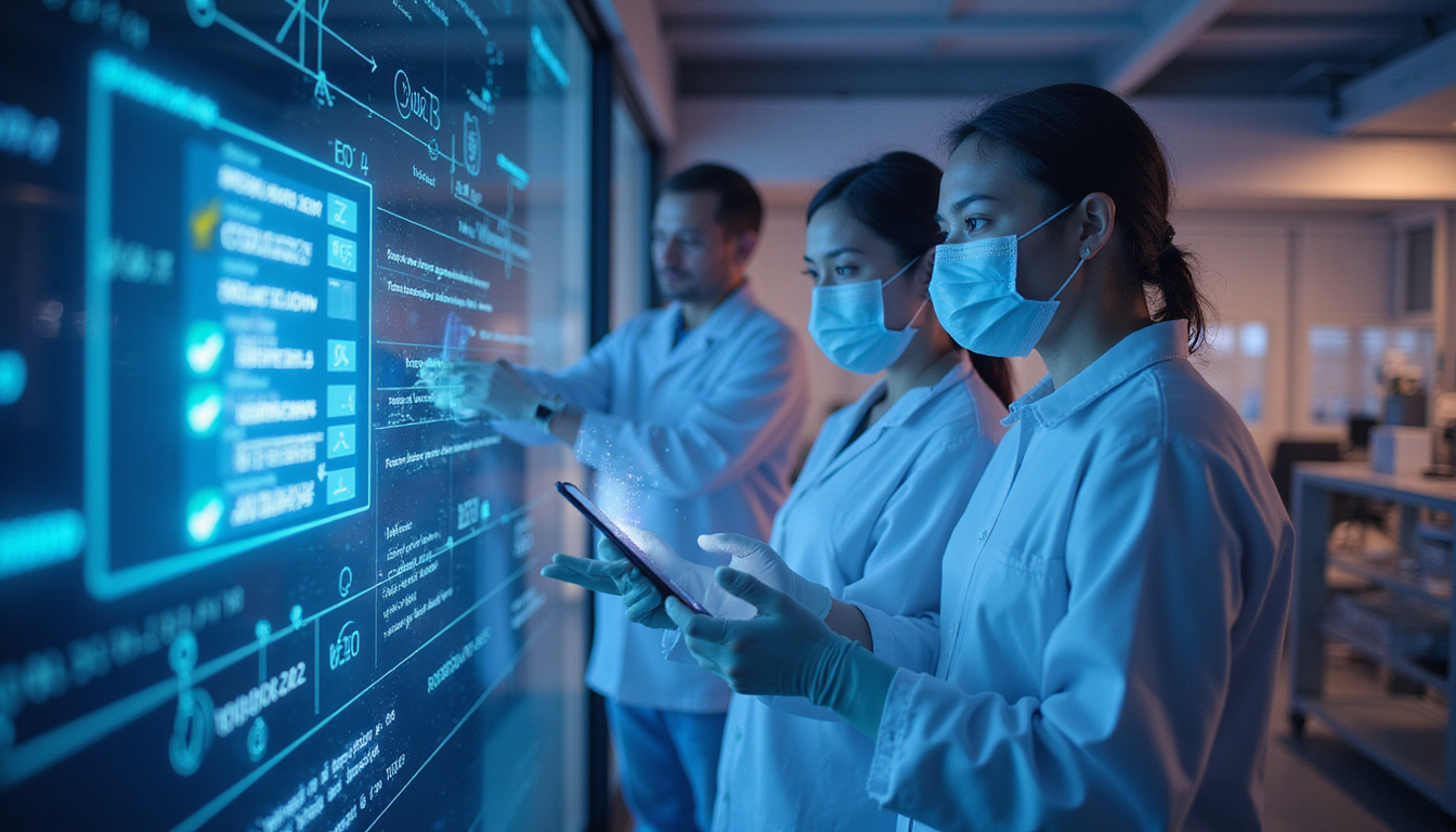  Regulatory compliance visualization: glowing checklist, sterile devices, engineers collaborating, data security symbols