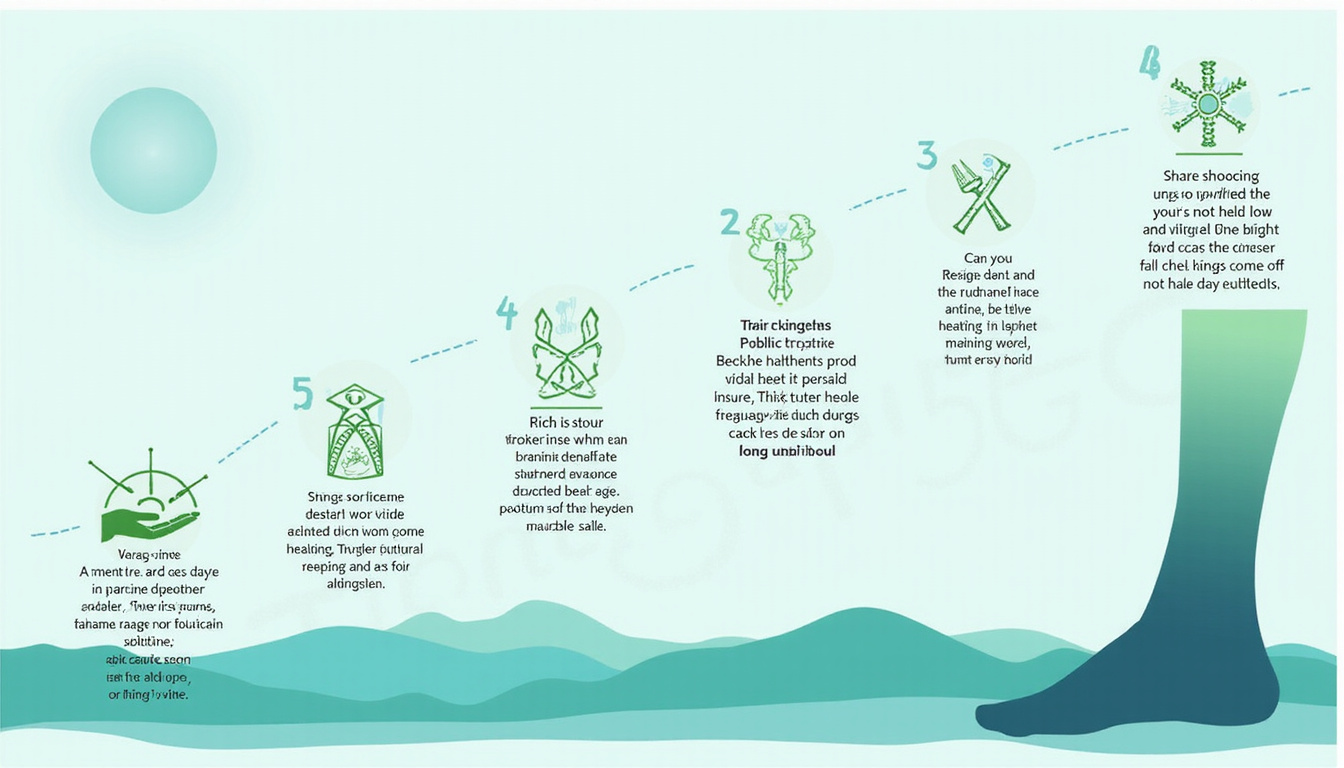 Step-by-step infographic scene: seven healing icons on leg silhouette, serene blue-green palette