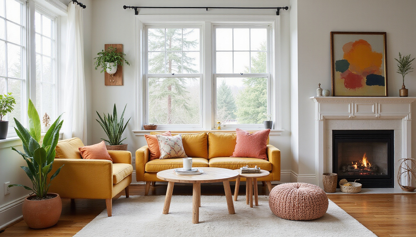  Cozy living room before and after transformation reclaimed wood legs boho pillows sunlight