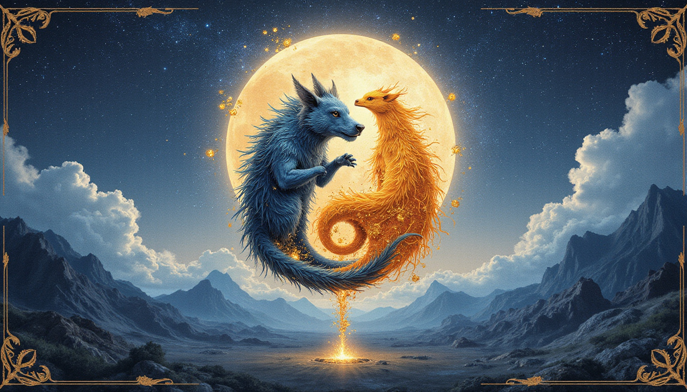  Yin yang compatibility chart connecting zodiac animals with golden threads, watercolor portraits, moonlit ambience