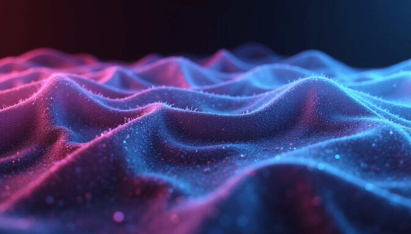High-speed motion blur of mesh optimization, vertices rearranging, digital clock overlay, neon palette
