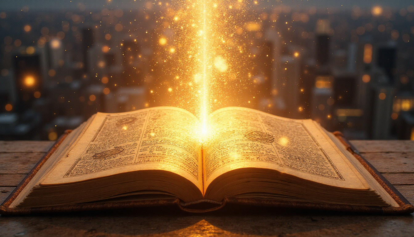  Ancient astrological guidebook, gilded pages, glowing planetary sigils, transformative light pouring into cityscape
