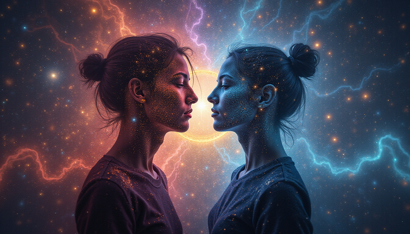  Two silhouettes with interlocking astrological glyphs and swirling cosmic particles, vibrant alchemical aura
