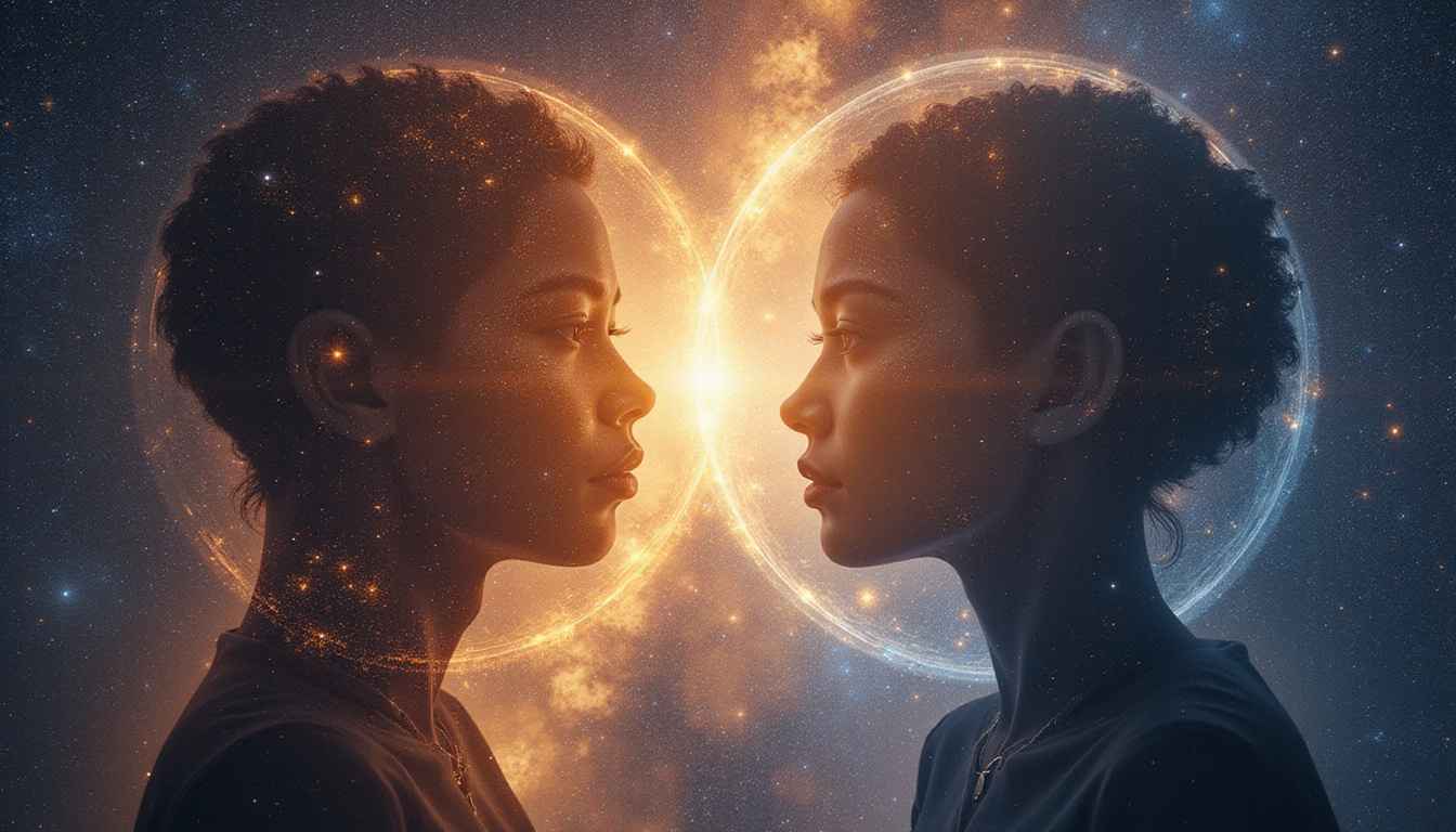 Two translucent silhouettes merged over star-filled sky, planets connected by golden threads of compatibility