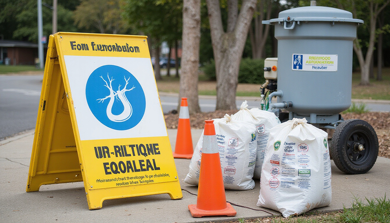 Renovation site signage, wet abatement technique, labeled disposal bags, filtered air scrubber outdoors