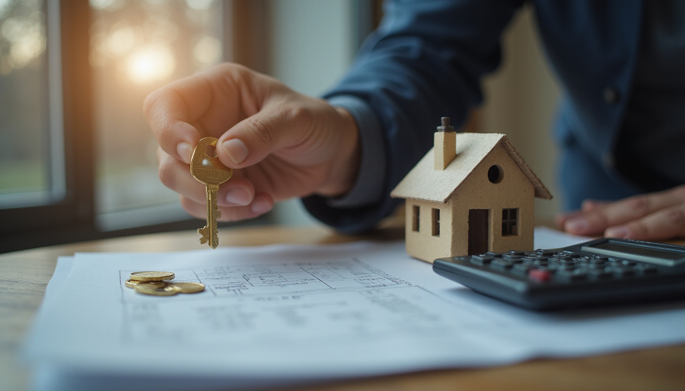  Insider lender handing golden key to homeowner, blueprint and calculator glowing, fast motion blur