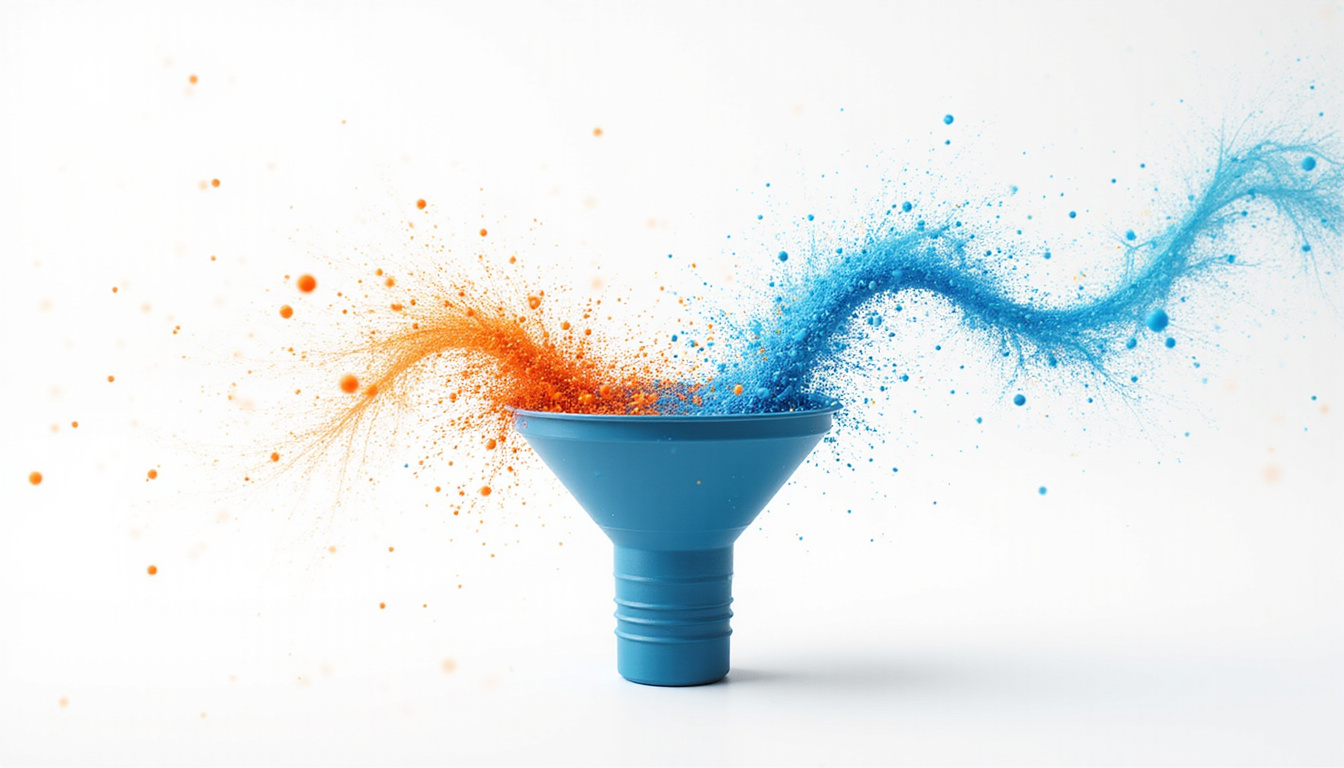 Dynamic conversion funnel, heatmaps and data streams morphing into premium shopping carts and satisfied clients