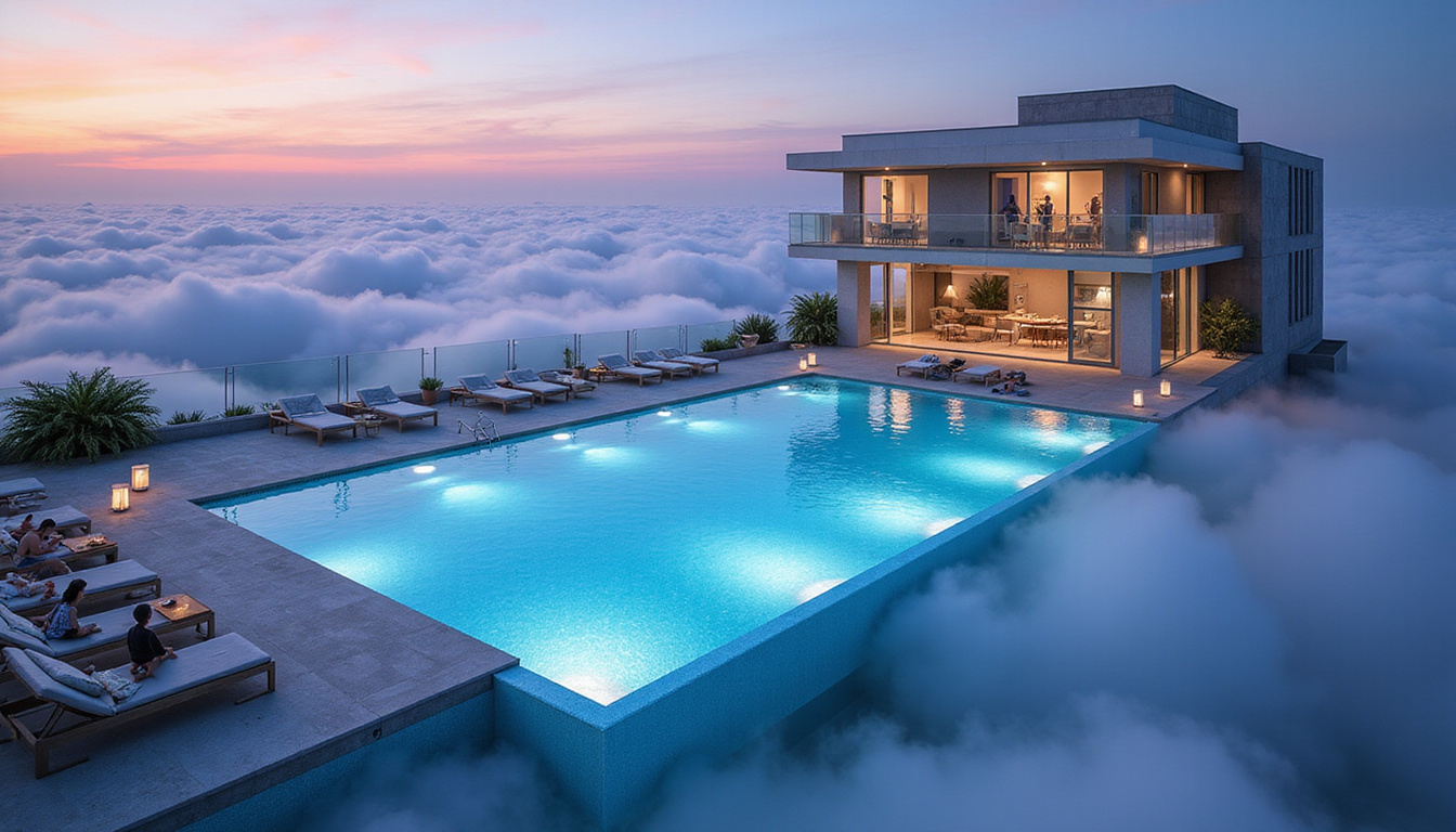  Luxurious rooftop hotel pool floating above clouds, ambient lights, guests relaxing, modern architecture