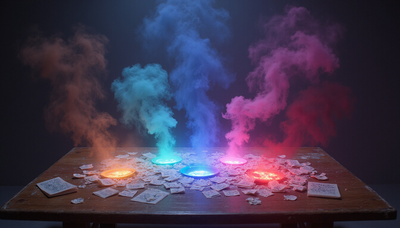 Mystical table with fortunes radiating colorful auras, silhouettes revealing inner emotions, cinematic lighting