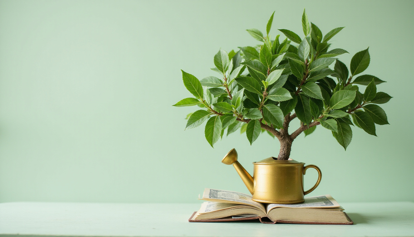 Money tree flourishing, glossy leaves doubled, golden watering can, mist, tiny book labeled care secrets