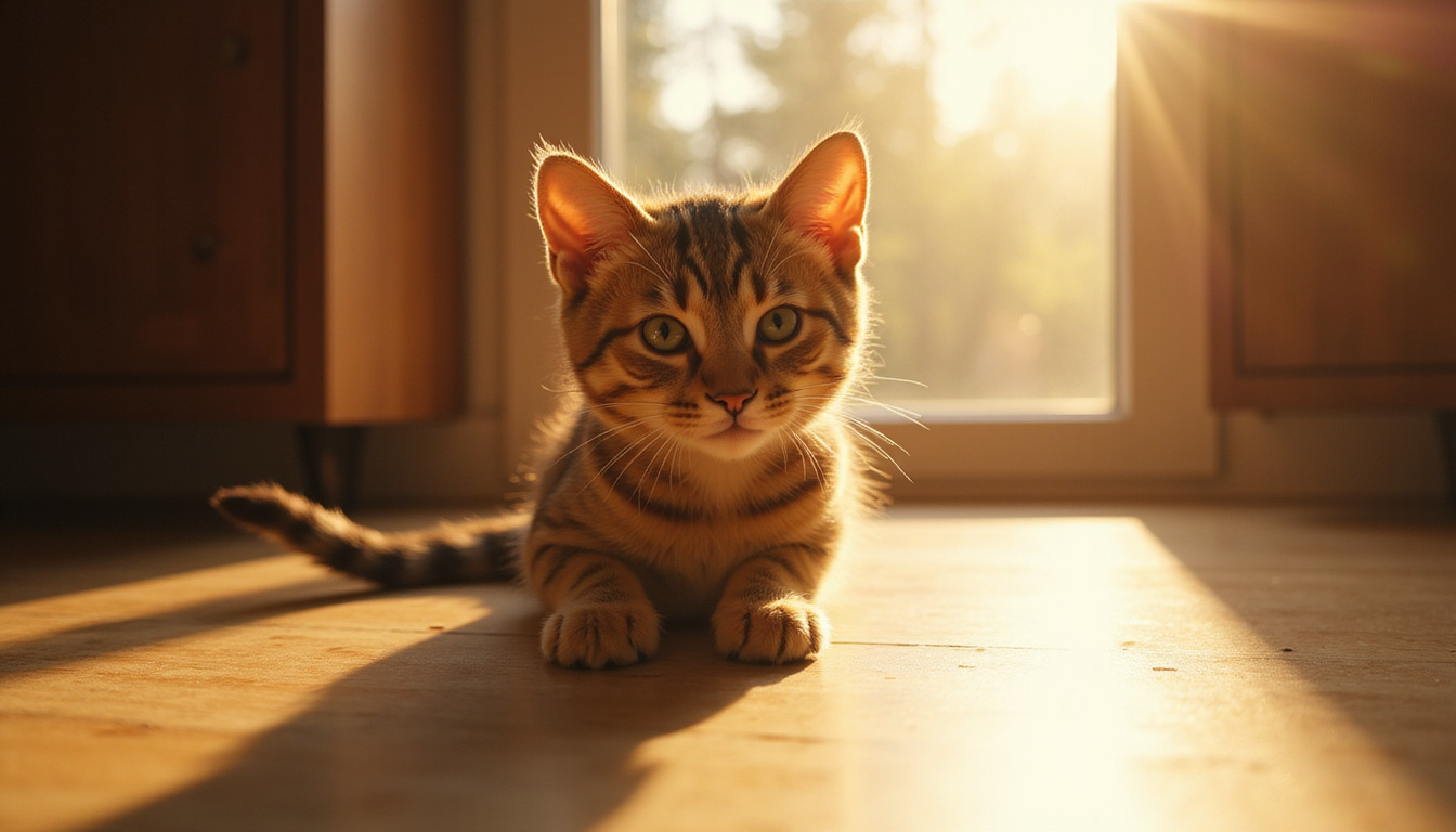 Cozy domestic tabby leaving luminous paw-prints across sunlit home, subtle spiritual icons, warm realism