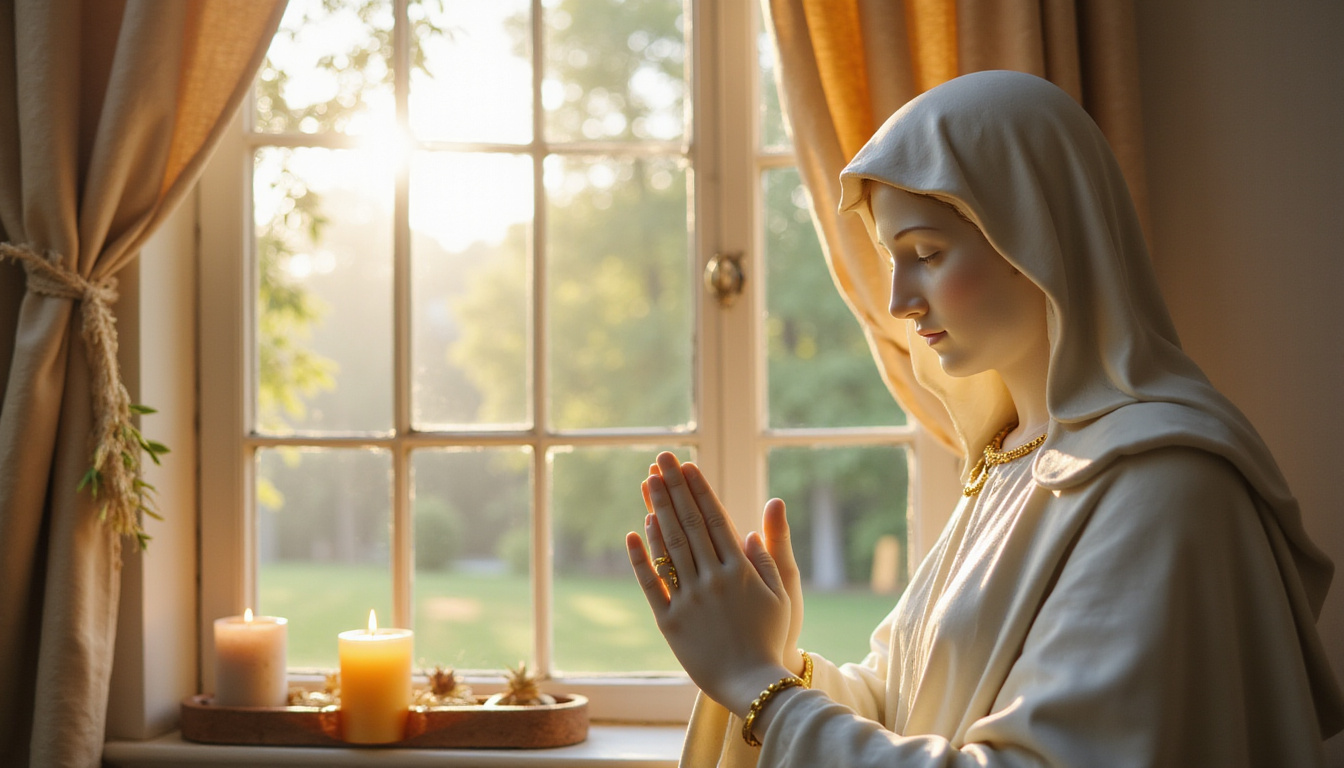 Marble Virgin Mary statue by window, morning light, prayer candles, peaceful home sanctuary