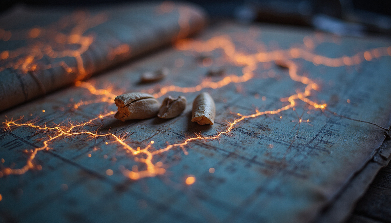  Ancient parchment and bird bones morphing into glowing stock charts and city lights
