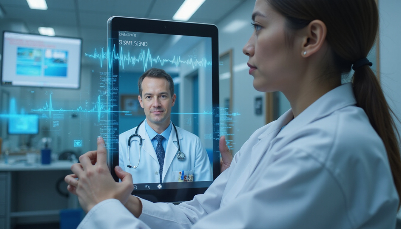  Doctor and patient video-call, augmented reality vitals overlay, diverse chronic care team, futuristic clinic